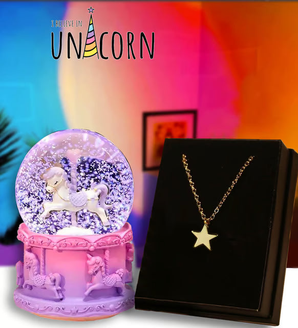 Atlıkarınca Unicorn Işıklı Kar Küresi Ve Magic Star Yıldız Kolye