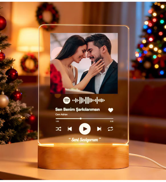 Kişiye Özel Işıklı Spotify Plak Ahşap Kaide Gece Led Lambası