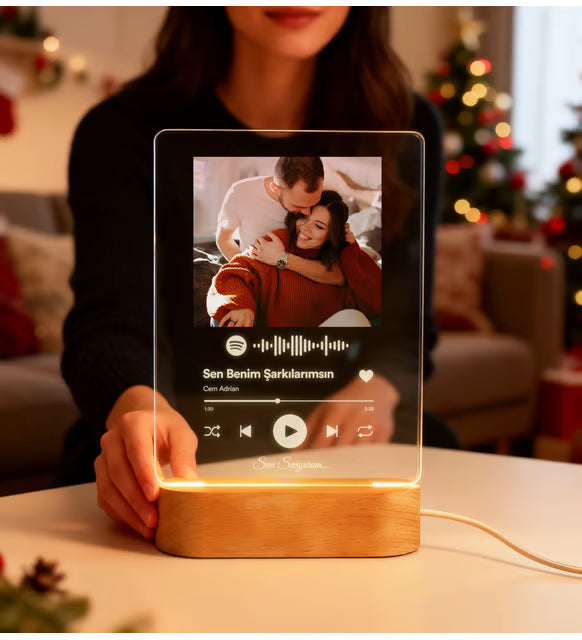 Kişiye Özel Işıklı Spotify Plak Ahşap Kaide Gece Led Lambası