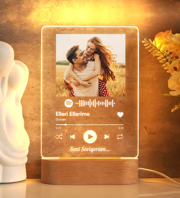 Kişiye Özel Işıklı Spotify Plak Ahşap Kaide Gece Led Lambası