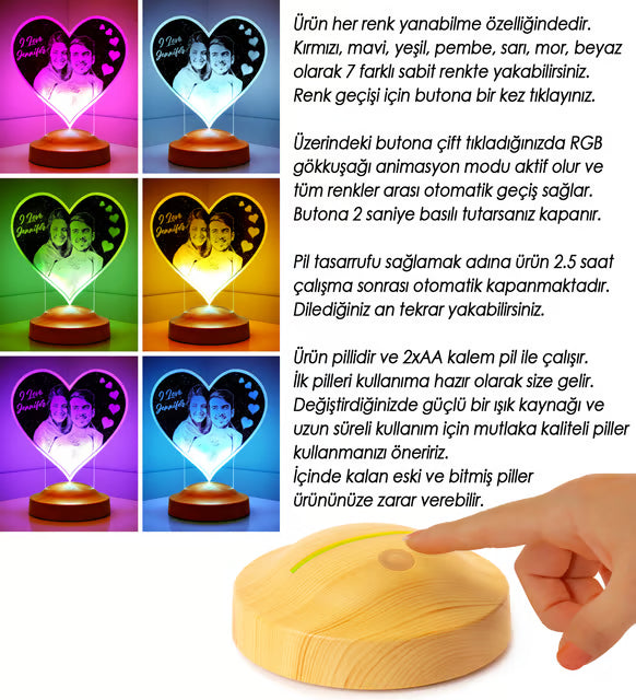 Kişiye Özel Fotoğraflı Kalp LED Lamba